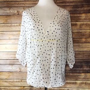 WAYF White & Blue Sheer Polka Dot Surplice Blouse